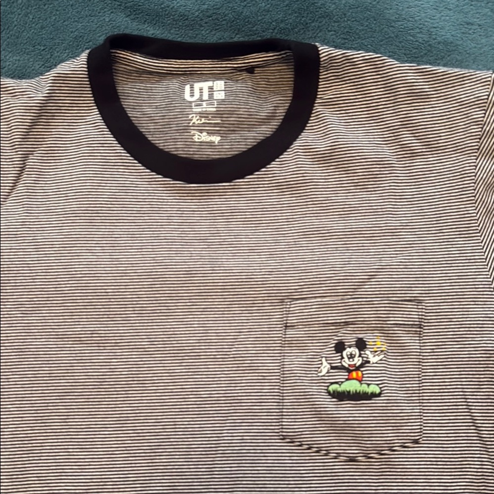 Disney Black and White Striped Tee with Mickey Embroidery